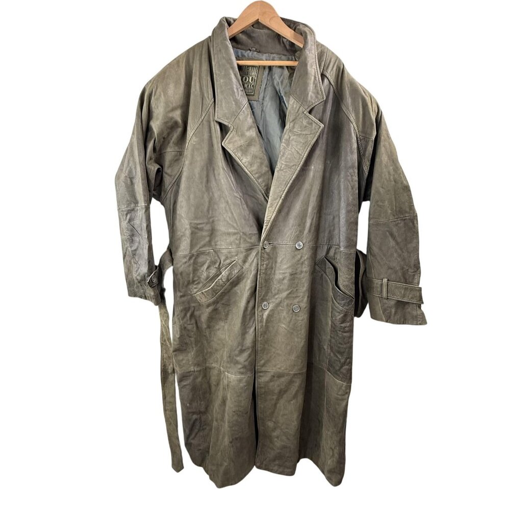 Vintage IOU Euro Mode Leather Coat Mens Large Green Trench Long 90s Cyber Punk